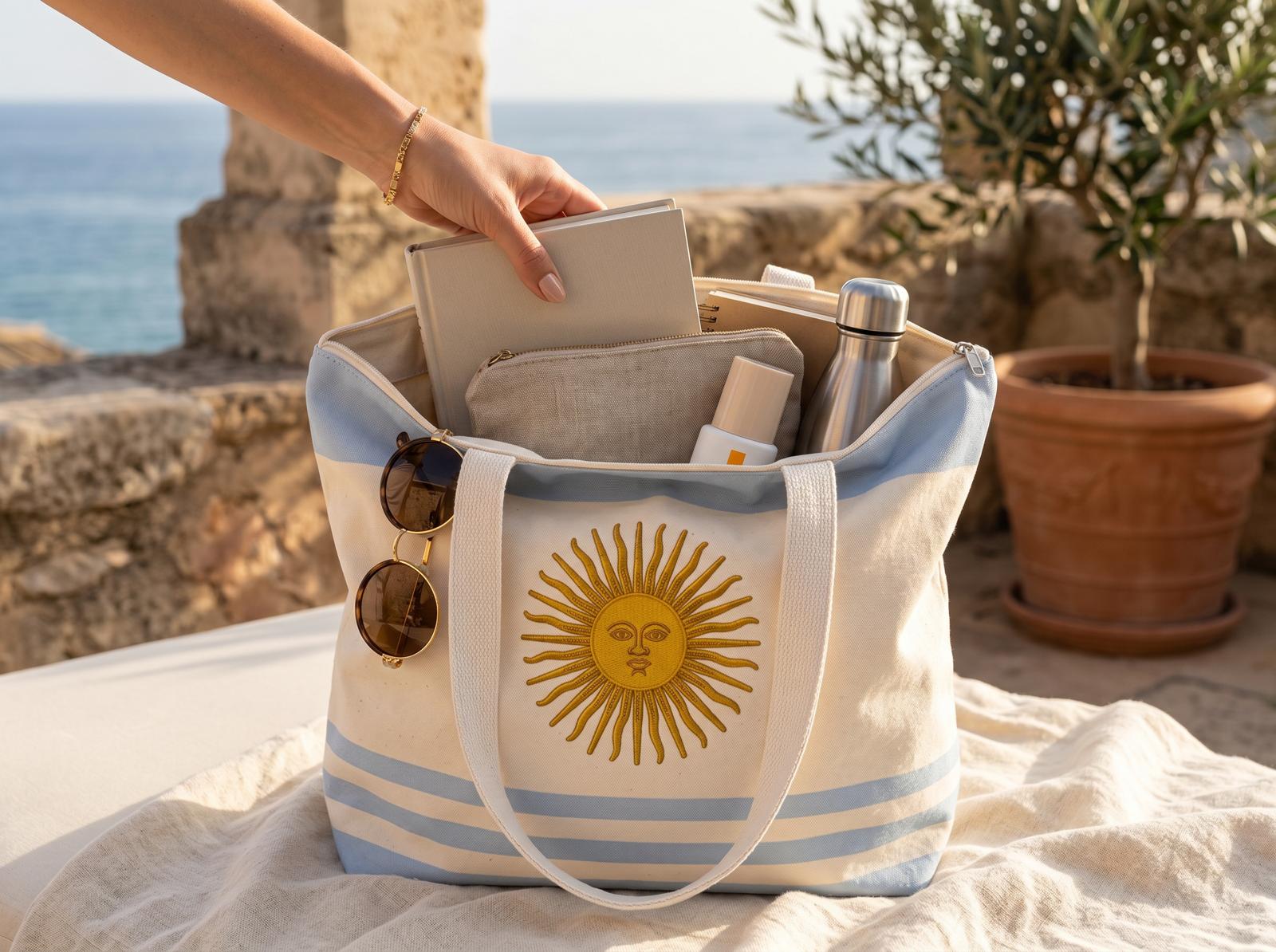 Bolso Tote Argentina Bordado Sol de Mayo – Bolso Grande de Playa y Viaje